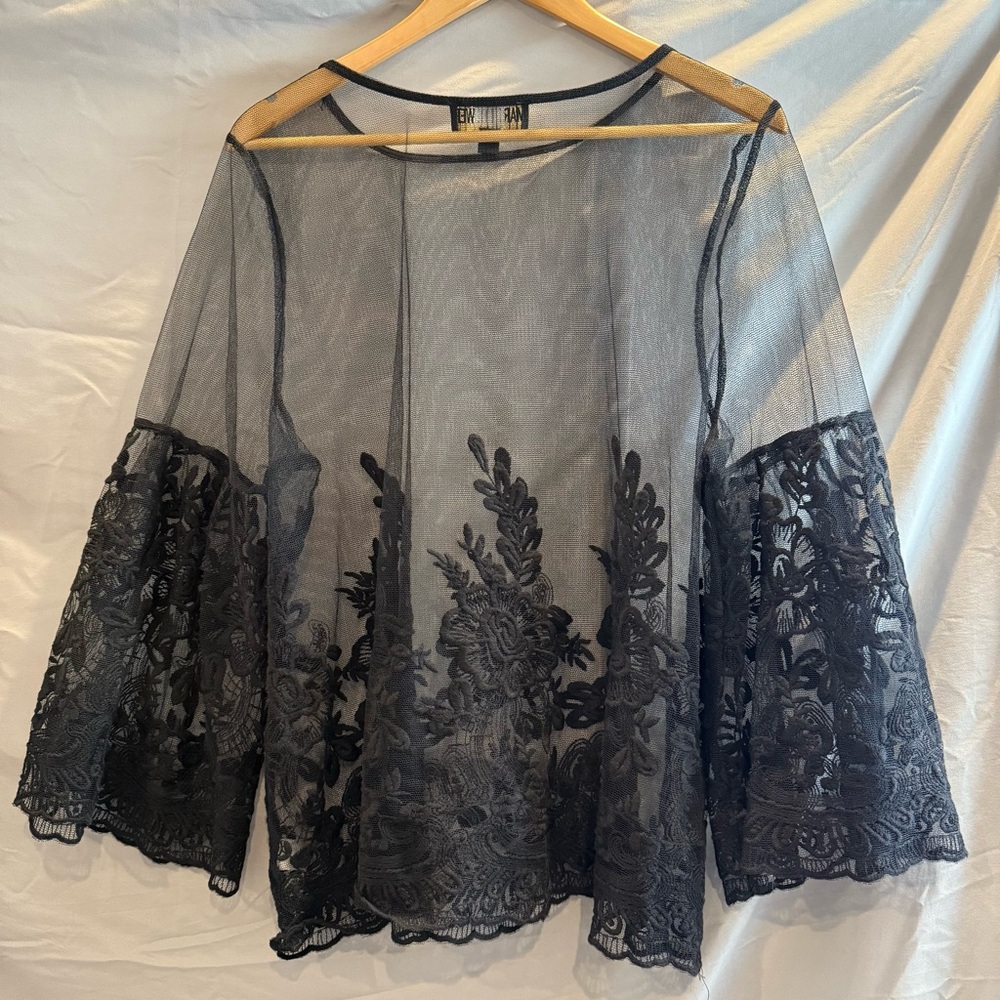 Marc Bouwer Black Sheer and Floral Lace Blouse Women’s XL - Picture 11 of 11